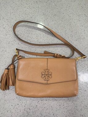 Tory Burch Camel Tan Pebbled Leather Crossbody with Tassel